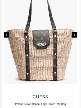 GUESS Paloma Brown Repeat Logo Straw Tote Bag - Natural/Brown